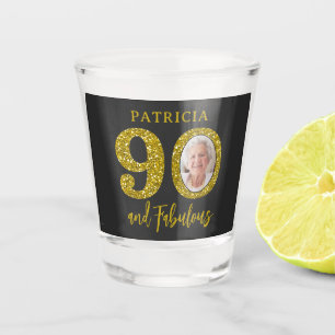 90 and Fabulous Photo Black Gold 90th Birthday Shot Glass