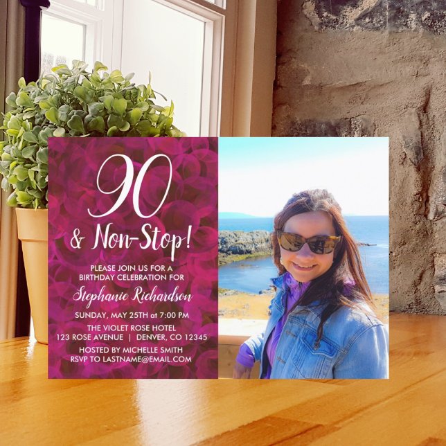 90 and Non-Stop Red Rose Photo Birthday Party Invitation (Creator Uploaded)