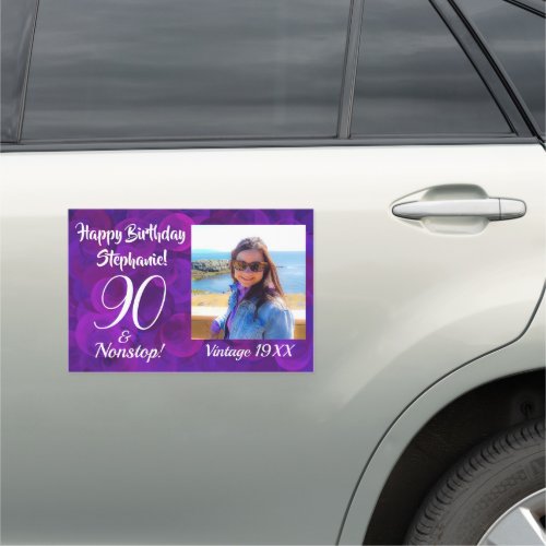 90 and Nonstop Elegant Purple Birthday Photo Car Magnet