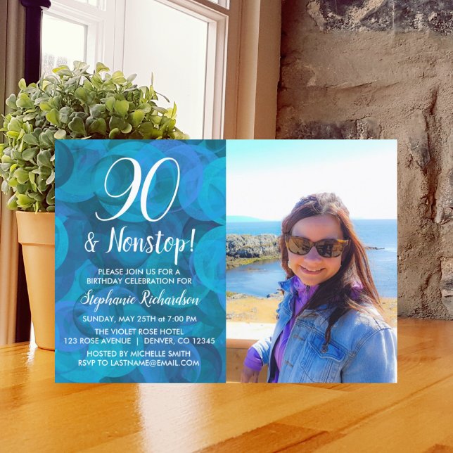 90 and Nonstop Ocean Blue Photo Birthday Invitation (Creator Uploaded)