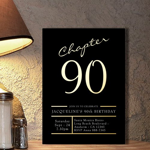 90 Black 90th Birthday Party Gold Foil Invitation