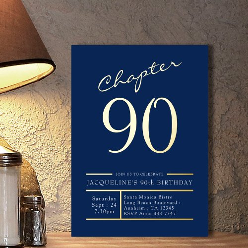 90 Blue 90th Birthday Party Gold Foil Invitation