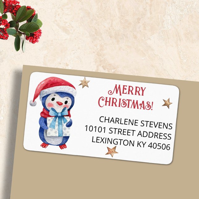 90 Cute Merry Christmas Penguin Return Address Label (Creator Uploaded)