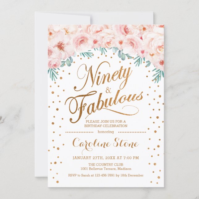 90 Fabulous Birthday Party - White Gold Pink Invitation (Front)