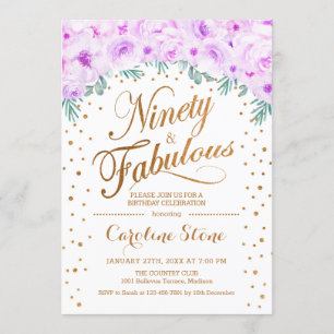 90 Fabulous Birthday Party - White Gold Purple Invitation