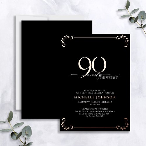 90  Fabulous Black Rose Gold Calligraphy Birthday Foil Invitation