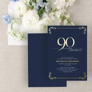 90 & Fabulous Blue & Gold Calligraphy Birthday Foil Invitation