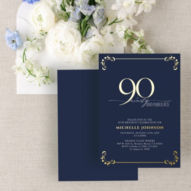 90 & Fabulous Blue & Gold Calligraphy Birthday Foil Invitation (Creator Uploaded)