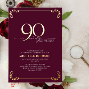 90 & Fabulous Burgundy & Gold Calligraphy Birthday Foil Invitation