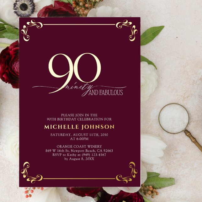 90 & Fabulous Burgundy & Gold Calligraphy Birthday Foil Invitation (Creator Uploaded)