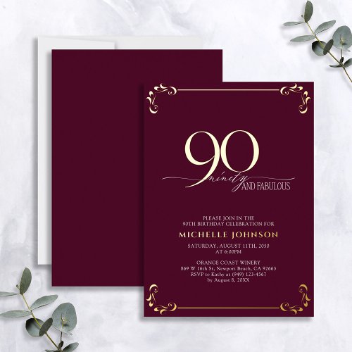 90  Fabulous Burgundy  Gold Calligraphy Birthday Foil Invitation