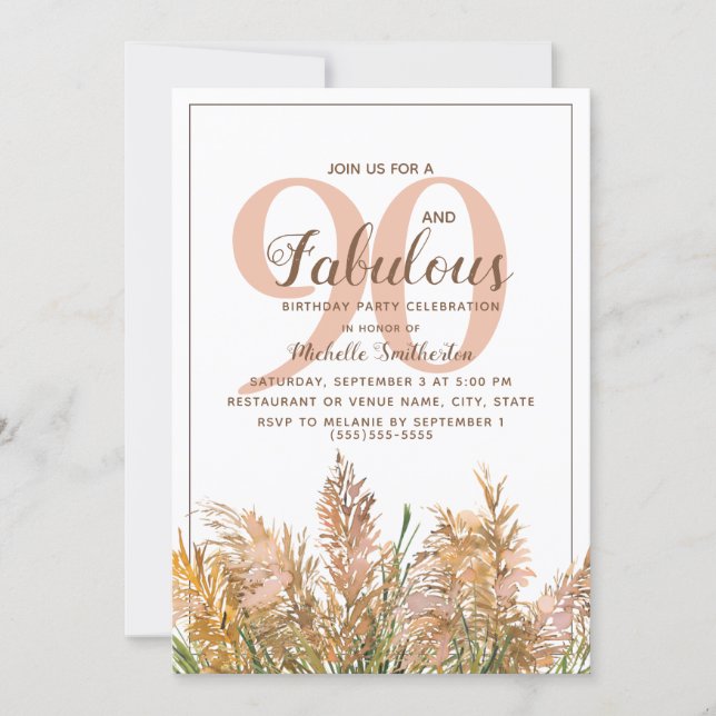 90 Fabulous Pampas Grass on White Birthday Invitation (Front)