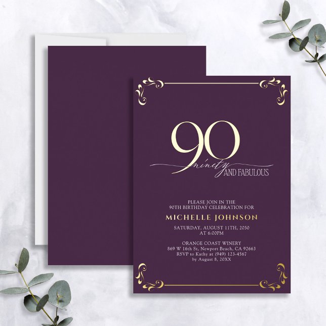 90 & Fabulous Purple & Gold Calligraphy Birthday Foil Invitation (Creator Uploaded)