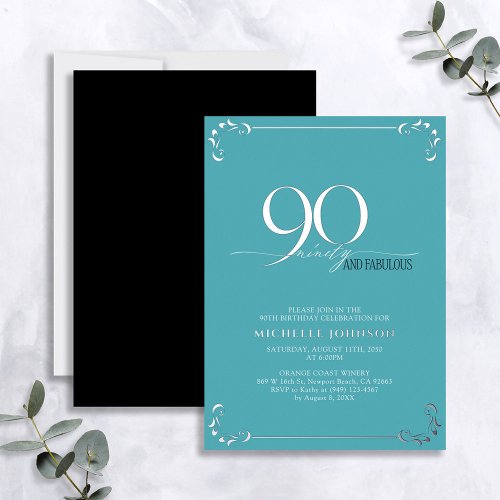 90  Fabulous Turquoise  Silver Birthday Foil Invitation