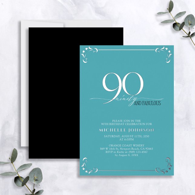 90 & Fabulous Turquoise & Silver Birthday Foil Invitation (Creator Uploaded)