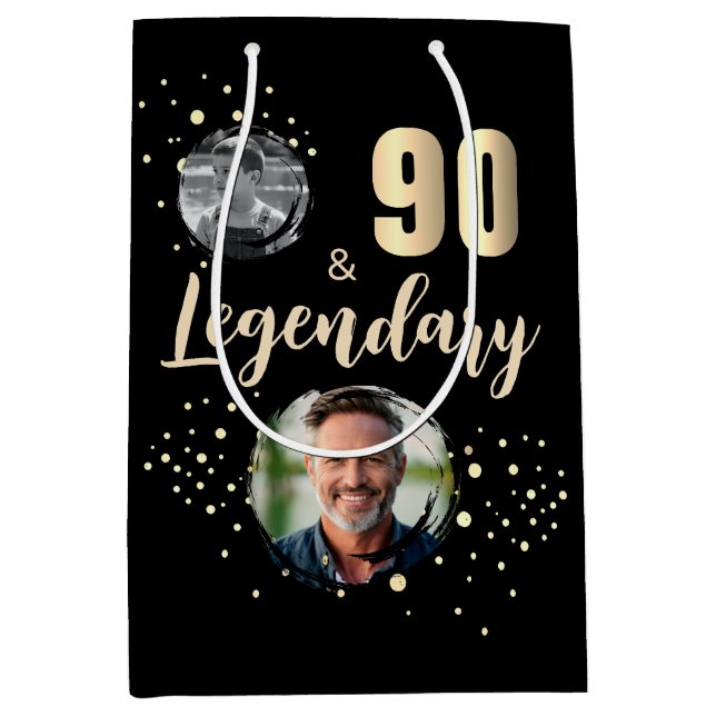 90 & Legendary 2 Photos 90th Birthday Gold Medium Gift Bag (Front)