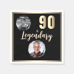 90 & Legendary 2 Photos 90th Birthday Gold Napkins