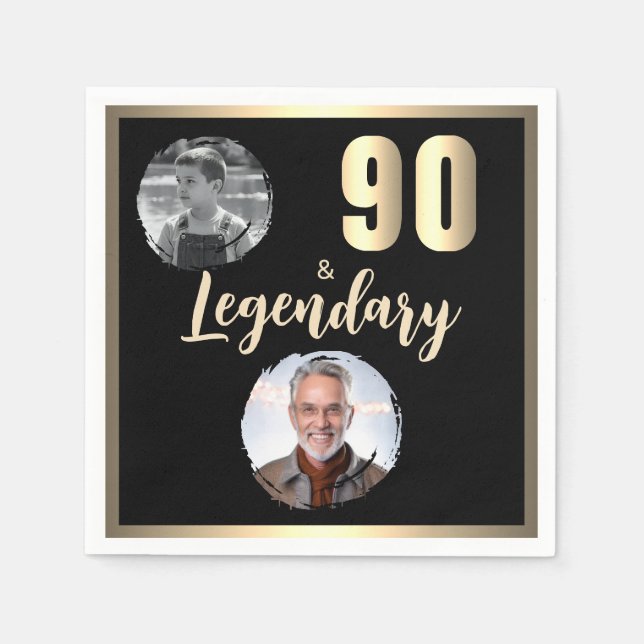 90 & Legendary 2 Photos 90th Birthday Gold Napkins (Front)
