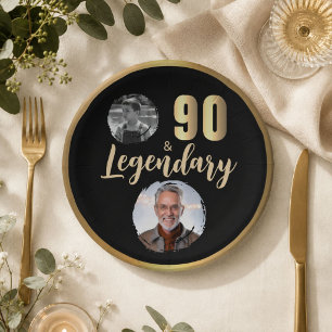 90 & Legendary 2 Photos 90th Birthday Gold Paper Plates