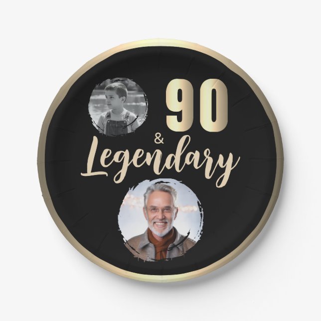90 & Legendary 2 Photos 90th Birthday Gold Paper Plates (Front)