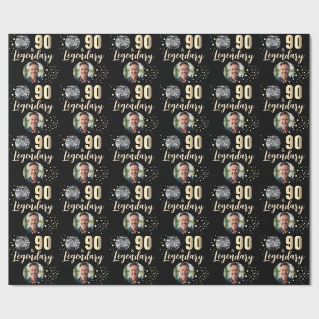 90 & Legendary 2 Photos 90th Birthday Gold Wrapping Paper (Flat)