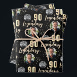 90 & Legendary 2 Photos 90th Birthday Gold Wrapping Paper Sheets<br><div class="desc">90 & Legendary 2 Photos 90th Birthday Gold Wrapping Paper Sheets for Him with 2 Photos. Celebrate his milestone in bold style with this “90 & Legendary” 90th birthday gift wrap. Designed with a strong masculine look in gold metallic effects (printed, not real foil) on a black background, this paper...</div>