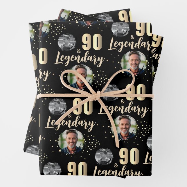 90 & Legendary 2 Photos 90th Birthday Gold Wrapping Paper Sheets (In situ)