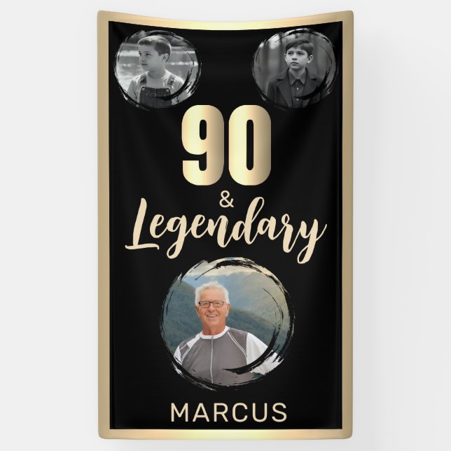 90 & Legendary 3 Photos 90th Birthday Gold Banner (Vertical)