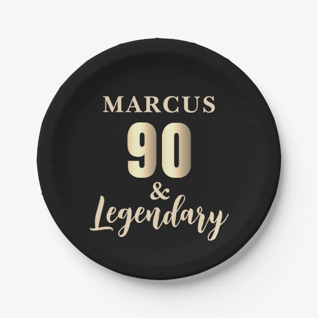 90 & Legendary Gold 90th Birthday Party Paper Plates (Front)