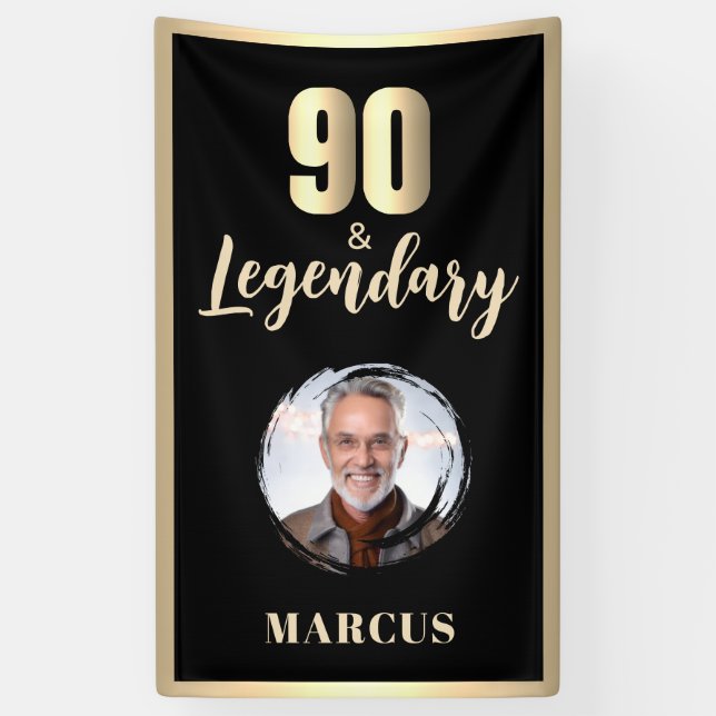90 & Legendary Photo 90th Birthday Gold Banner (Vertical)
