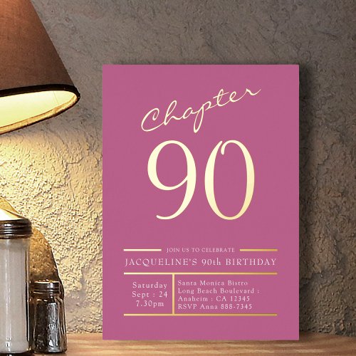 90 Pink 90th Birthday Party Gold Foil Invitation