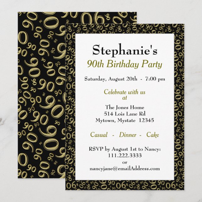 90 Random Number Pattern Black/Gold 90th Invitation (Front/Back)
