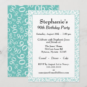 90 Random Number Pattern Teal/White 90th Invitation