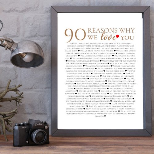 90 reasons why we love you 70th 75th birthday gift poster