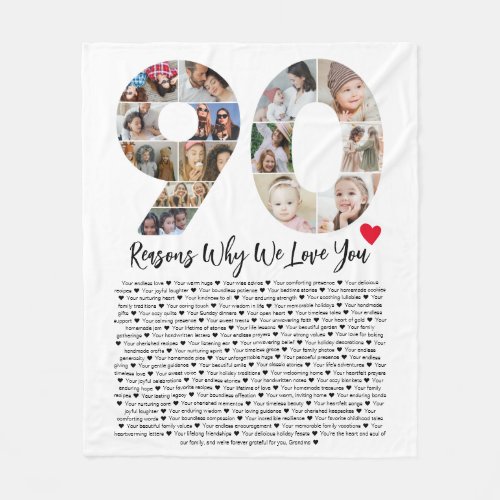 90 Reasons Why We Love You 90th Birthday Collage Fleece Blanket