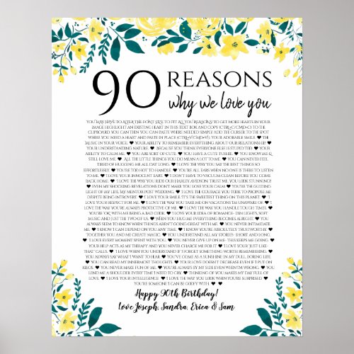 90 reasons why we love you birthday gift yellow poster