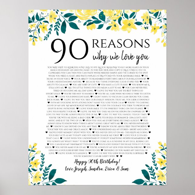 90 reasons why we love you birthday gift yellow poster (Front)