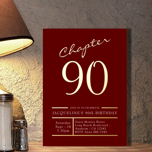 90 Red 90th Birthday Party Gold Foil Invitation