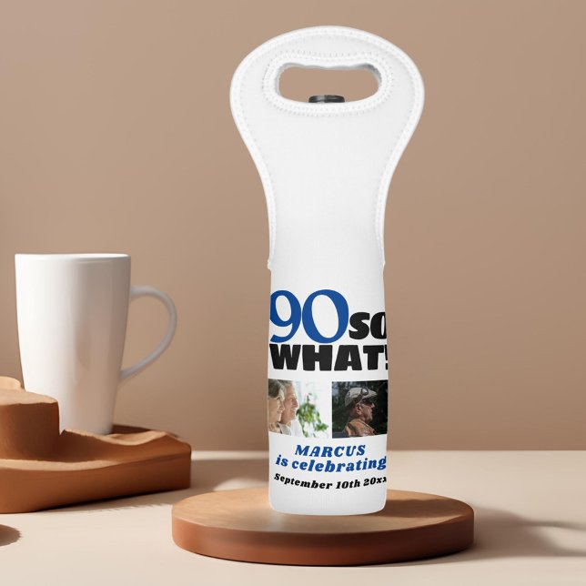 90 So what Funny 90th Birthday 2 Photo Collage Wine Bag (Creator Uploaded)