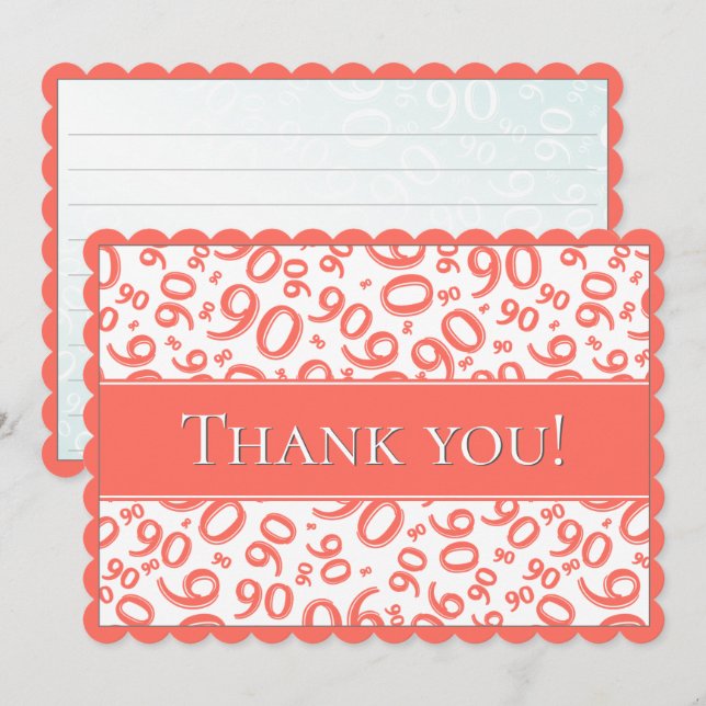 90 "Thank you!" Coral/White Number Pattern Thank You Card (Front/Back)