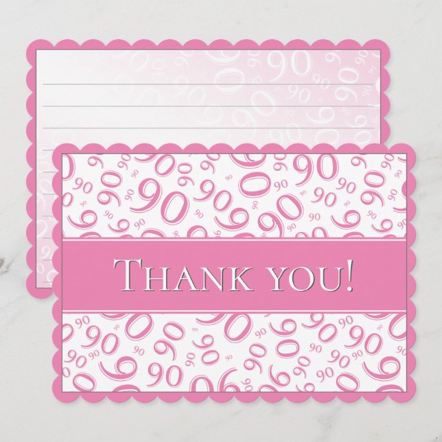 90 "Thank you!" Pink/White Number Pattern Thank You Card (Front/Back)