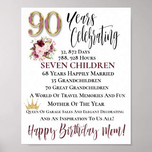 90 Year Birthday Poster For Mom