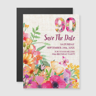90 Years Floral Linen 90th Birthday Save the Date Magnetic Invitation