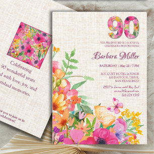 90 Years Flower Birthday, Linen 90th for Grandma Invitation