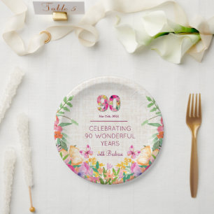 90 Years Flowers 90th Birthday Linen Party Paper Plates