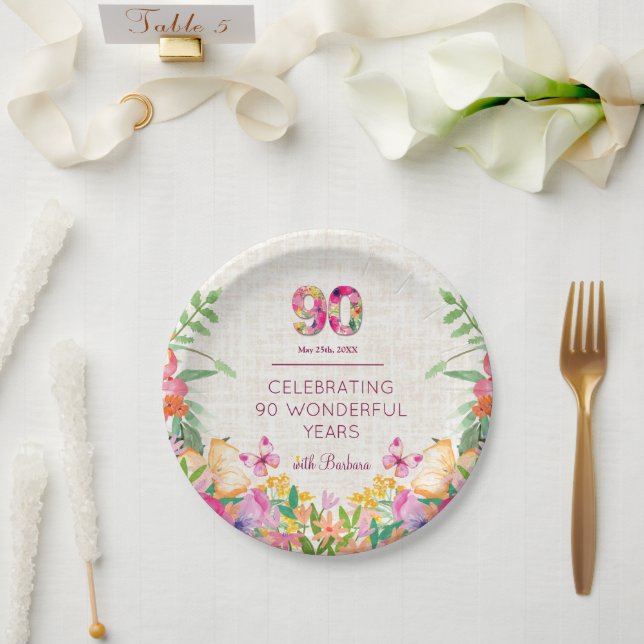 90 Years Flowers 90th Birthday Linen Party Paper Plates (Wedding)