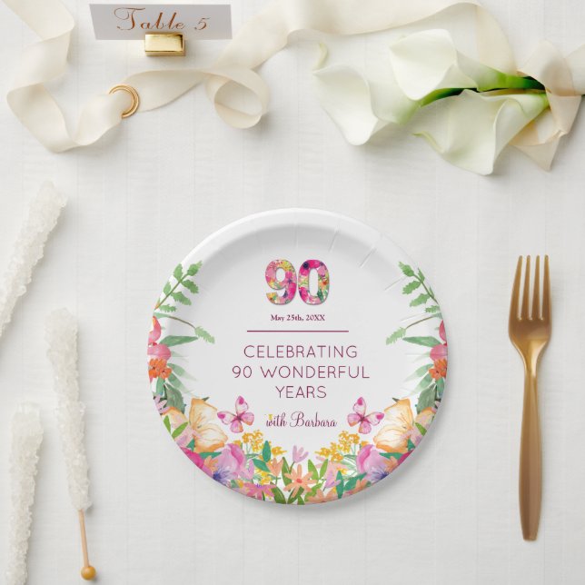 90 Years Flowers Butterfly 90th Birthday Party Paper Plates (Wedding)