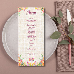 90 Years Flowers Floral 90th Birthday Linen Menu