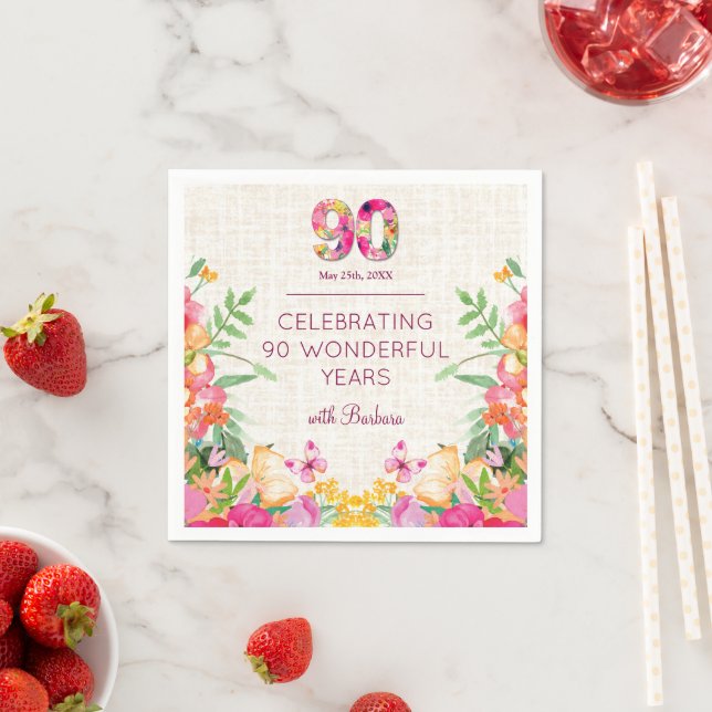 90 Years Flowers Floral Linen 90th Birthday Napkins (Insitu)