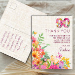 90 Years Flowers Linen 90th Birthday Thank You Announcement Postcard<br><div class="desc">90 Years Flowers Linen 90th Birthday Thank You Announcement Postcard.
Thank guests with this vibrant floral 90th birthday thank you postcard. Featuring a bold floral "90, " colorful blossoms,  and butterflies,  it’s a charming way to express gratitude. Customizable text adds a personal touch to your celebration. Enjoy!</div>